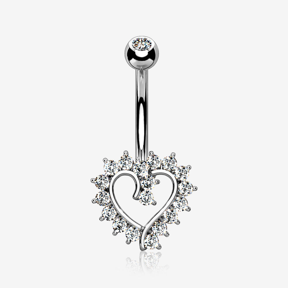 14 Karat White Gold Hollow Heart Floret Sparkle Belly Button Ring