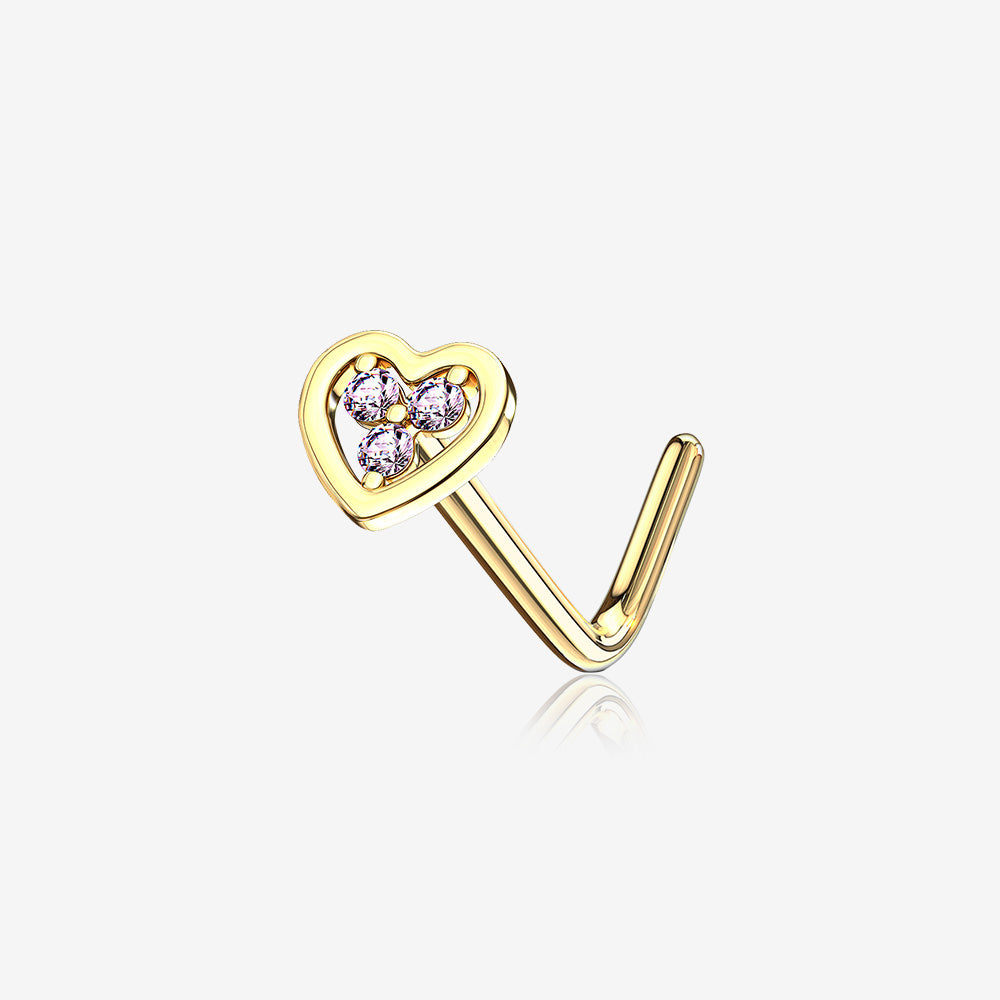 14 Karat Gold Trinity Sparkle Heart L-Shaped Nose Ring