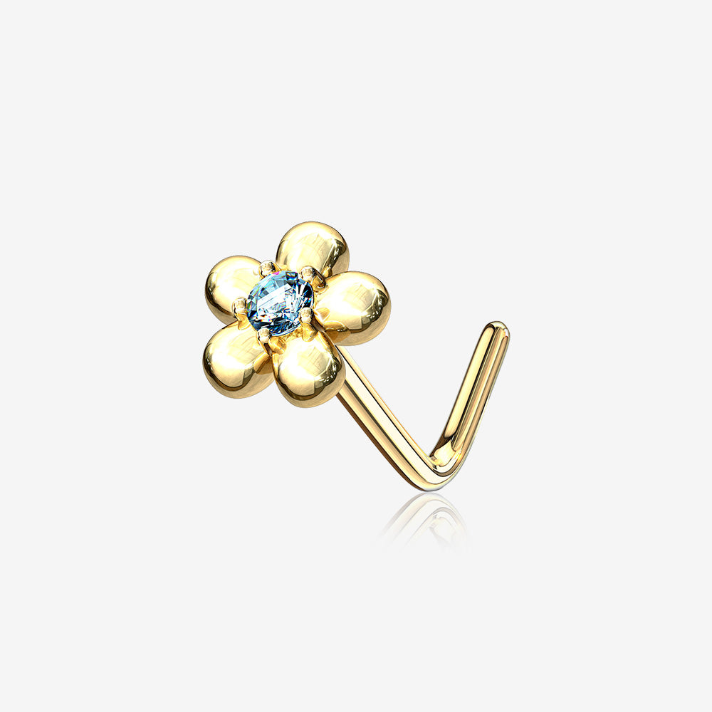 14 Karat Gold Adorable Flower Sparkle L-Shaped Nose Ring