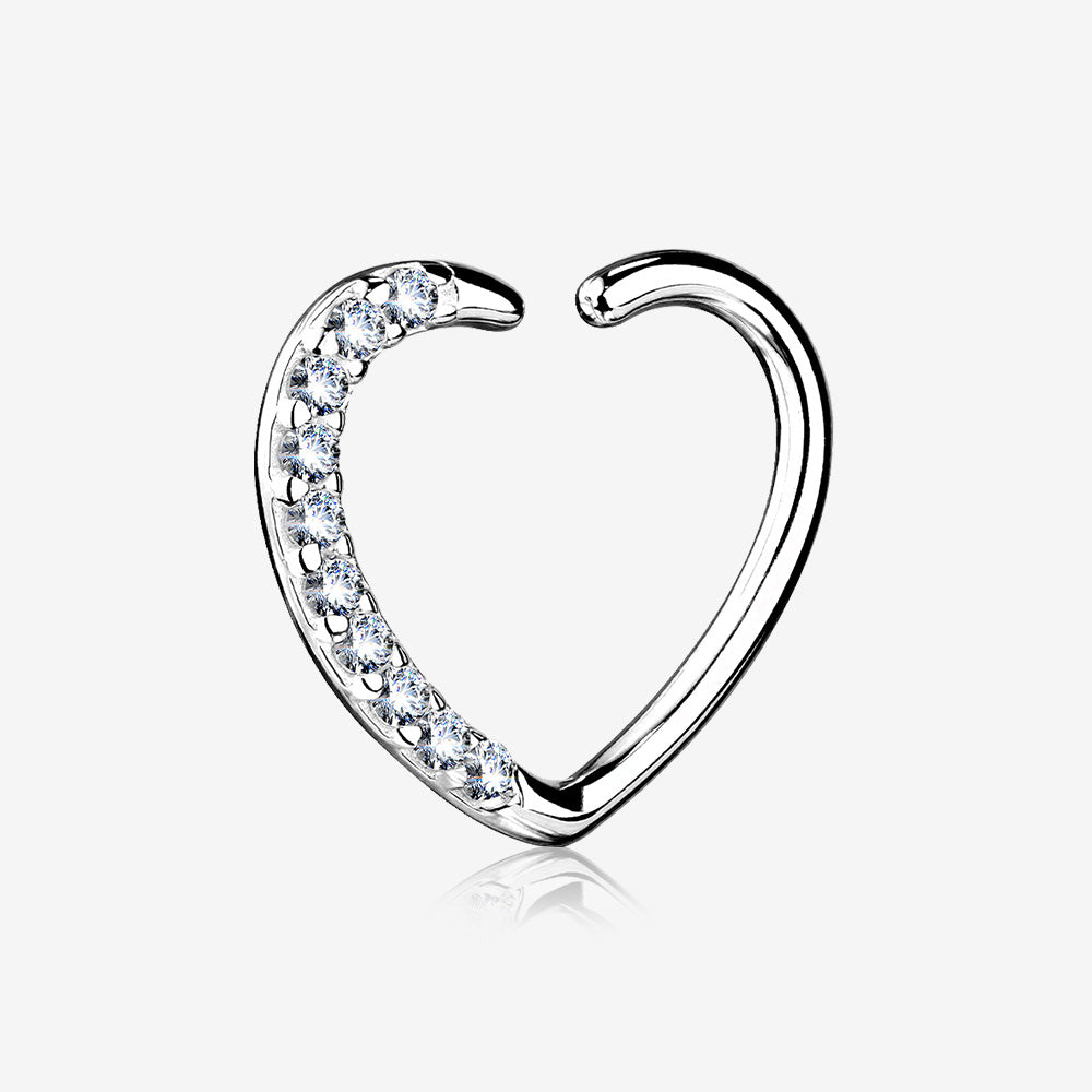 14 Karat White Gold Journey Sparkles Heart Bendable Hoop Ring for Right Ear