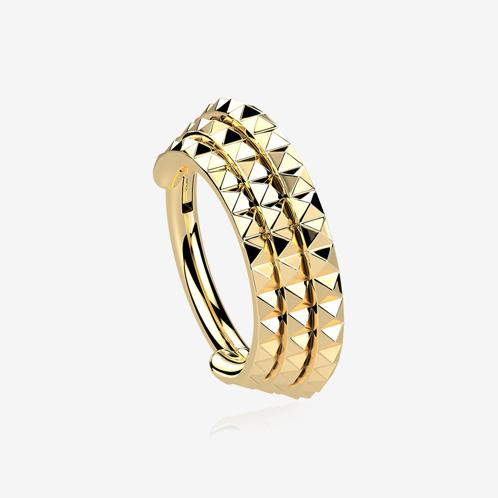 Golden Triple Stacked Pyramid Studded Geometric Seamless Clicker Hoop Ring