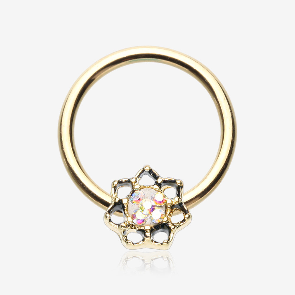 Golden Lotus Filigree Multi-Gem Sparkle Captive Bead Ring