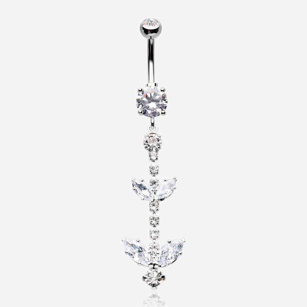 Shimmering Sparkle Leaflet Floral Cascading Belly Button Ring-Clear Gem ...