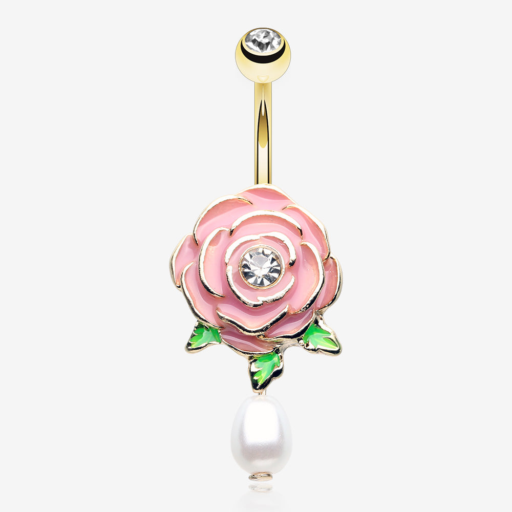 Golden Pink Full Blossom Rose Pearlescent Belly Button Ring