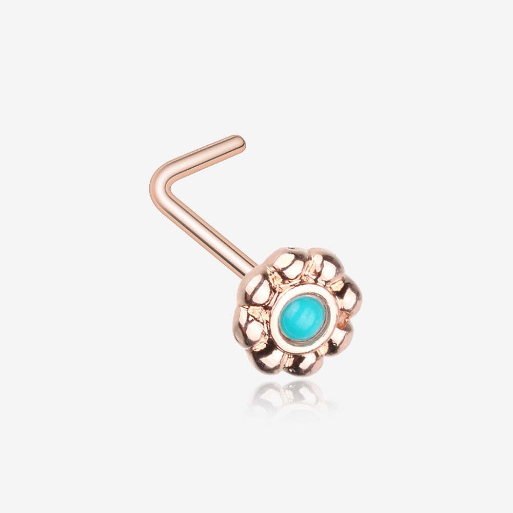 Rose Gold Bali Flower Turquoise L-Shaped Nose Ring