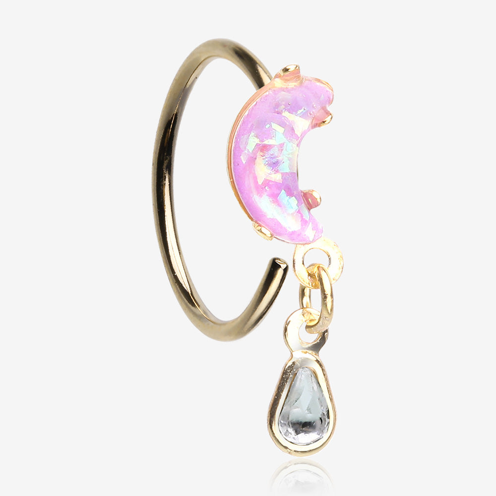 Golden Opalescent Crescent Moon with Teardrop Dangle Sparkle Bendable Hoop Ring