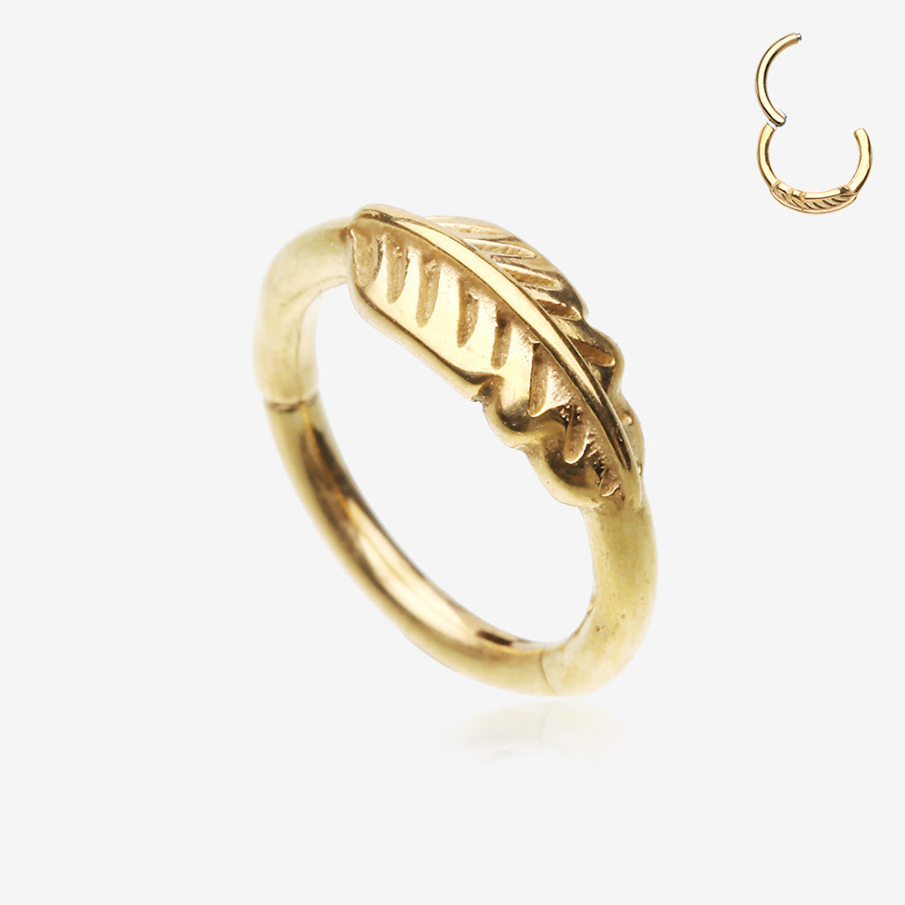 Golden Vintage Feather Leaflet Seamless Clicker Hoop Ring