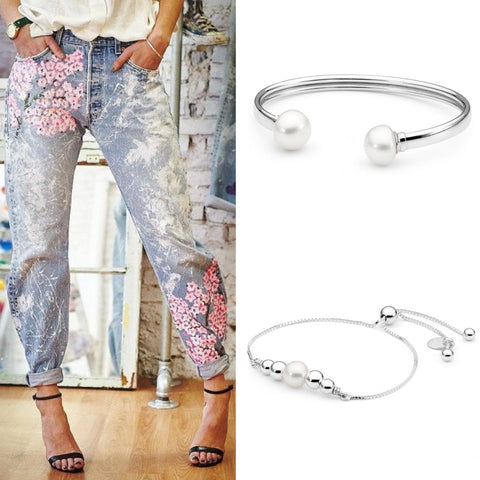 Embellished pink blossom jeans with Leoni & Vonk bracelets