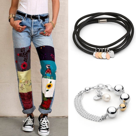 Patchwork jeans and Leoni & Vonk bracelets