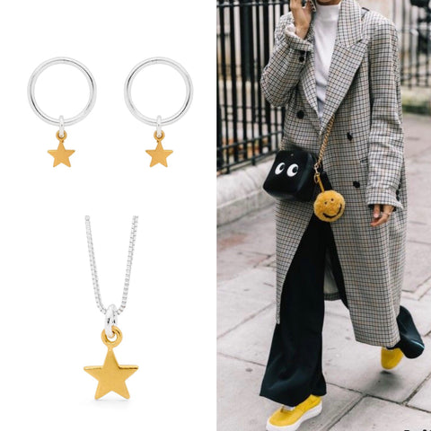 Leoni & Vonk gold star jewellery with oversized check coat