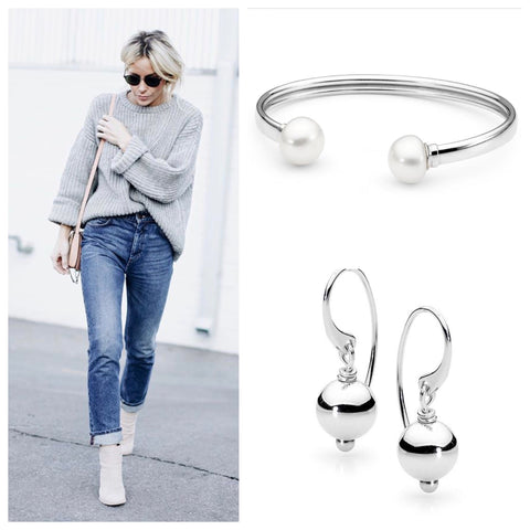 Leoni & Vonk pearl bangle and sterling silver ball earrings and street style photo of white boots