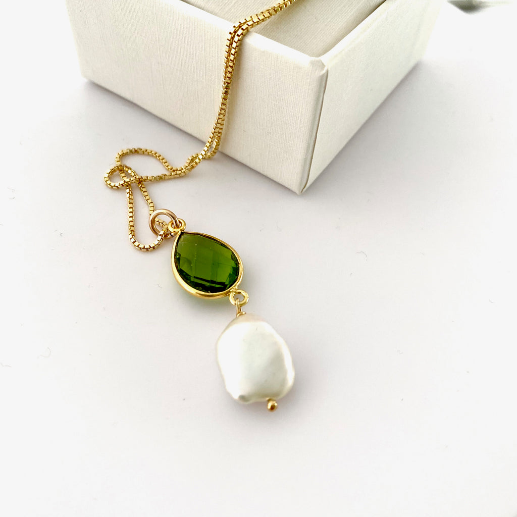 August Peridot Keshi Pearl Gold Drop Necklace
