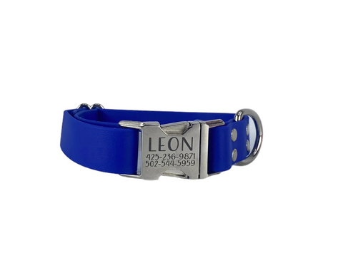 Cobalt blue dog collar with a silver buckle that has dog's name and number engraved on it.