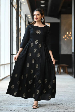 Black Handblock Print Jaam Silk Gown