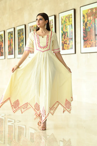 Cream Shade Handblock Print and Gota Work Gown