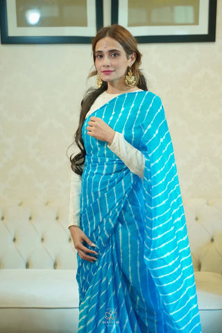Blue Printed Leheriya Uppada Silk Saree