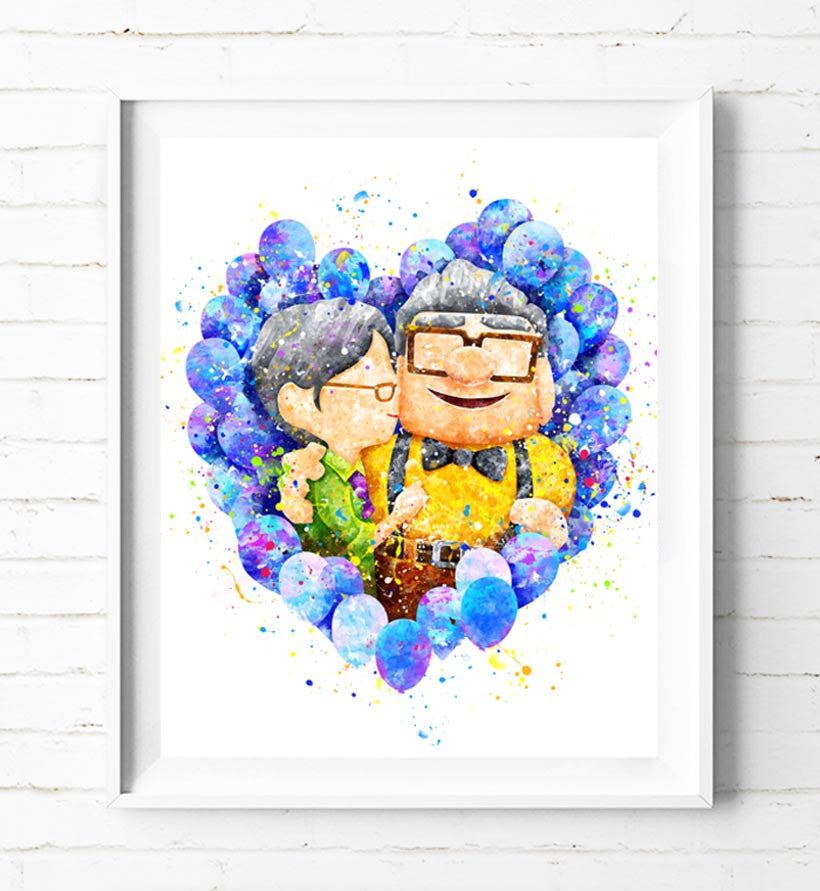 Disney Up Carl Ellie Art Print Flying Balloon Poster Watercolor