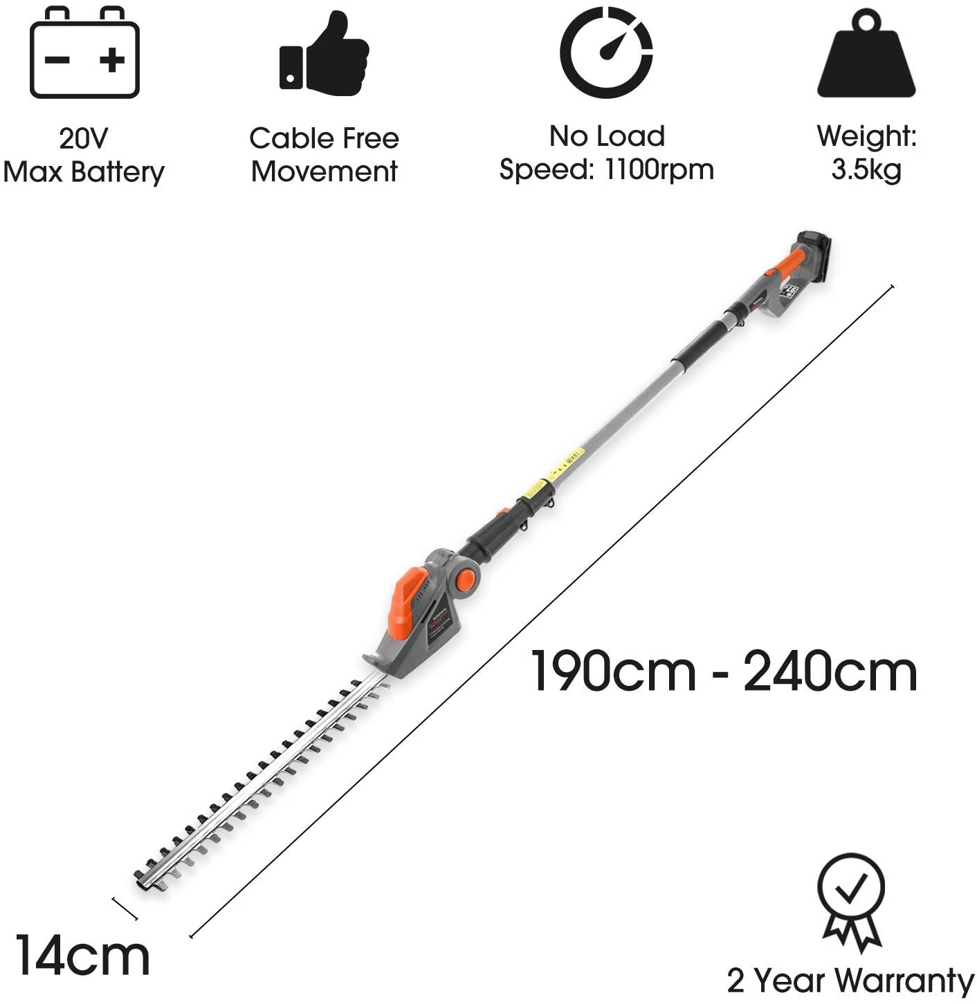 terratek long reach cordless electric hedge trimmer