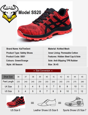 KTG Safety Model SS20 Steel Toe Safety Shoes Shoe Size Conversion Chart, UK, US, Singapore and EUROPE size