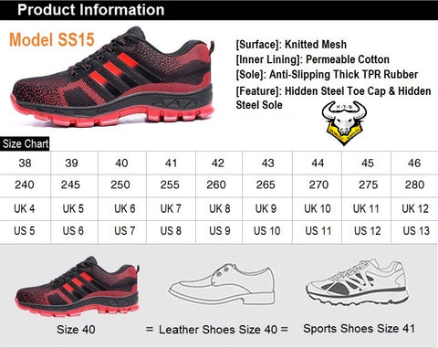 KTG (KaiTheGent) steel toe safety shoes model SS15 option 1 size recommendations. EU, UK, US, Singapore and Japan sizes.