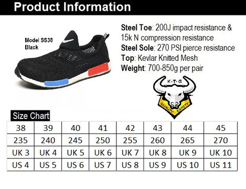 KTG Safety Steel Toe Slip On Sports Safety Shoes Model SS38 Size Chart. Asian, Japan, UK, US sizes available