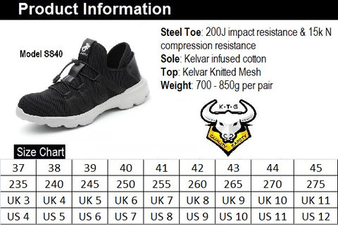 KTG Safety Steel Toe Slip On Sports Safety Shoes Model SS40 Size Chart. Asian, Japan, UK, US sizes available