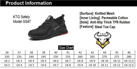 KTG Safety Steel Toe Kevlar Sole Sports Safety Shoes Model SS47 Size Chart. Asian, Japan, UK, US sizes available