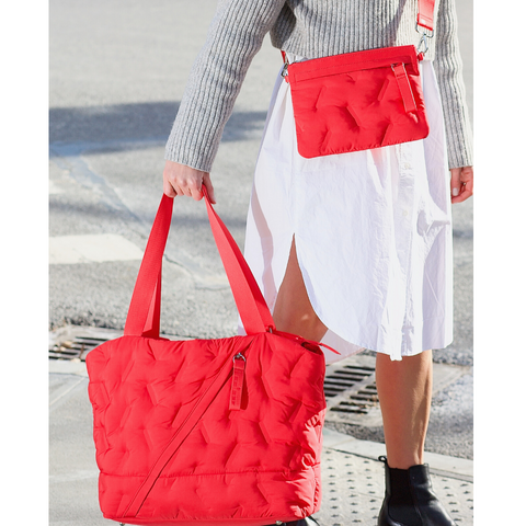 Red Go 2 Tote styled with a crisp white button down dress for a neutral look. 