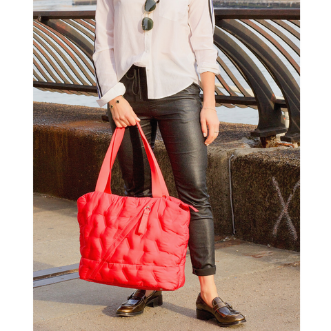 Cherry Red Go 2 Tote styled with Black leather pants, loafer, and a white top. Finished with Ray Ban Sunglasses 