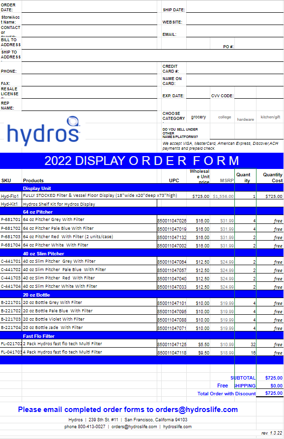 Hydros Display Order Form