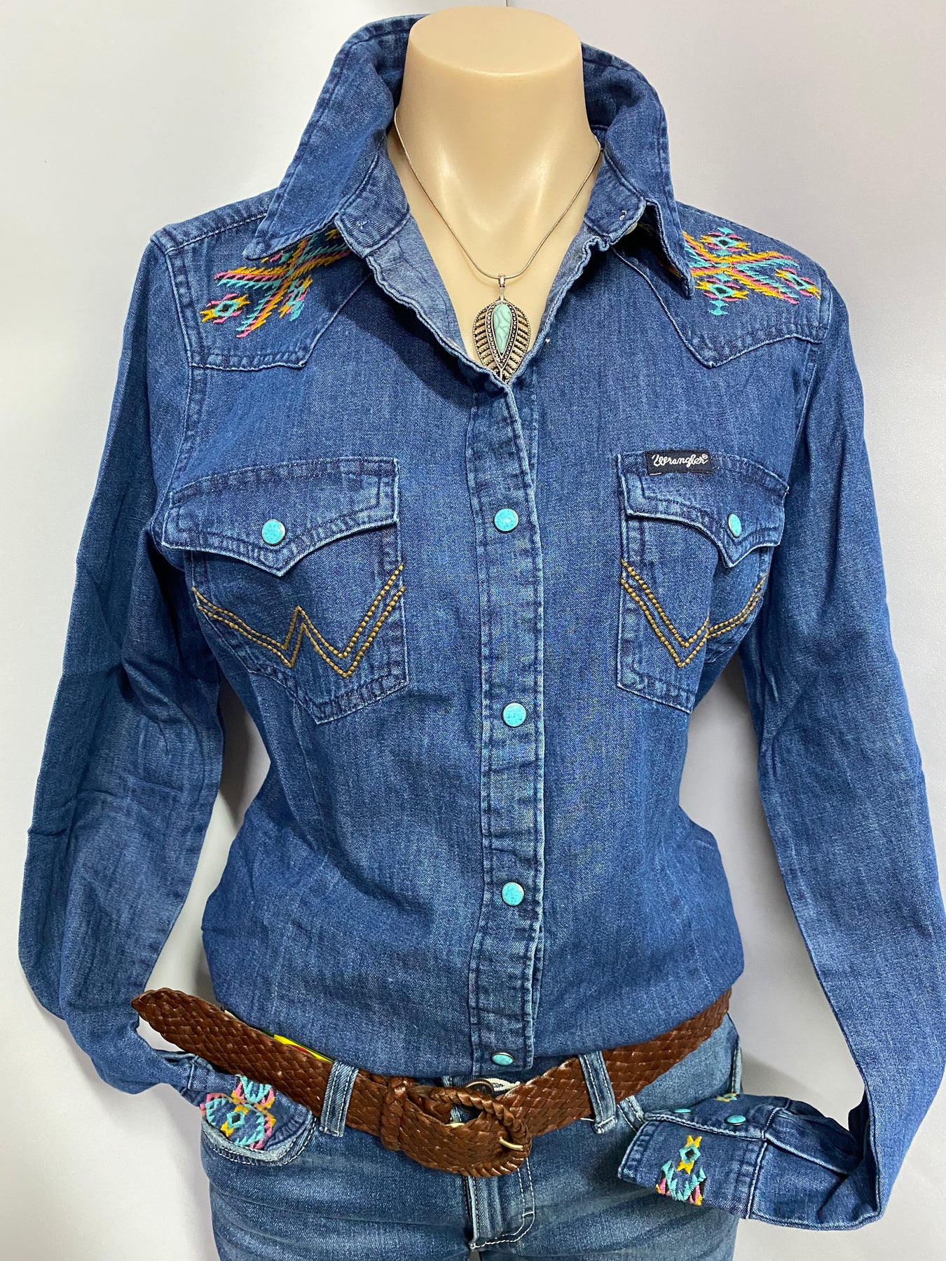 Wrangler Ladies Denim Shirt with Aztec Embroidery -LW7517B – Sheps  Outfitters