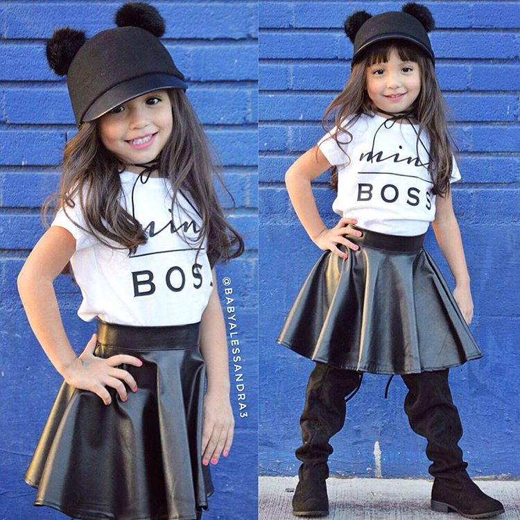 Mini Boss T Shirt Top Leather Skirt 2pcs Outfit Boss Lady Swag