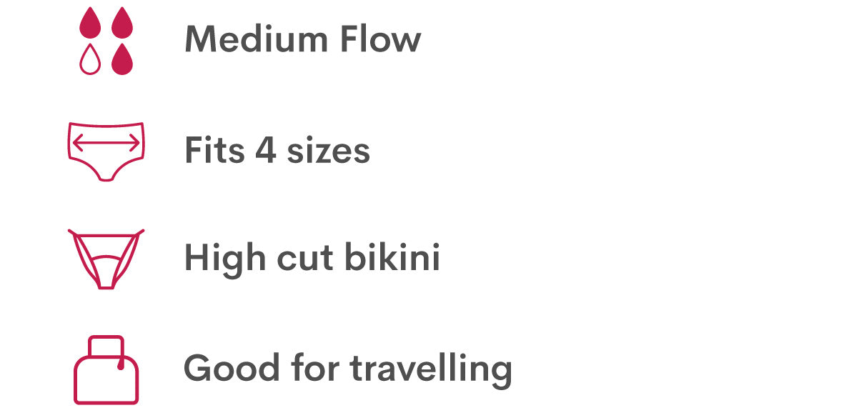 medium flow, fits 4 sizes, high cut bikini, good for travelling, detachable band