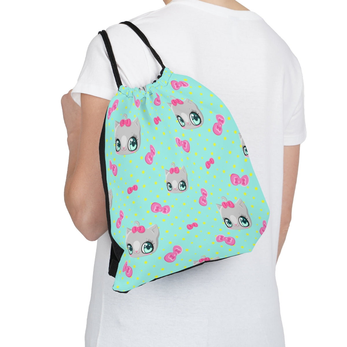 Kawaii Cat Drawstring Bag Backpack, School Mini Canvas Overnight Weekend Bag