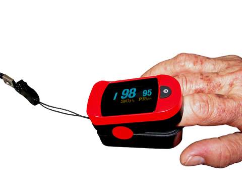 Elderly woman using a pulse oximeter.