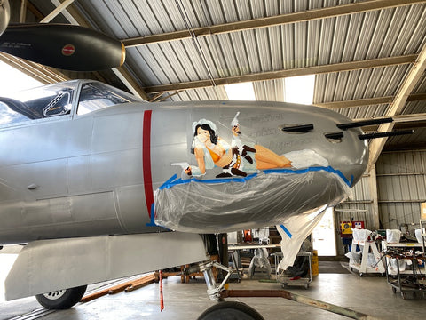 Right side progress of nose art on A26