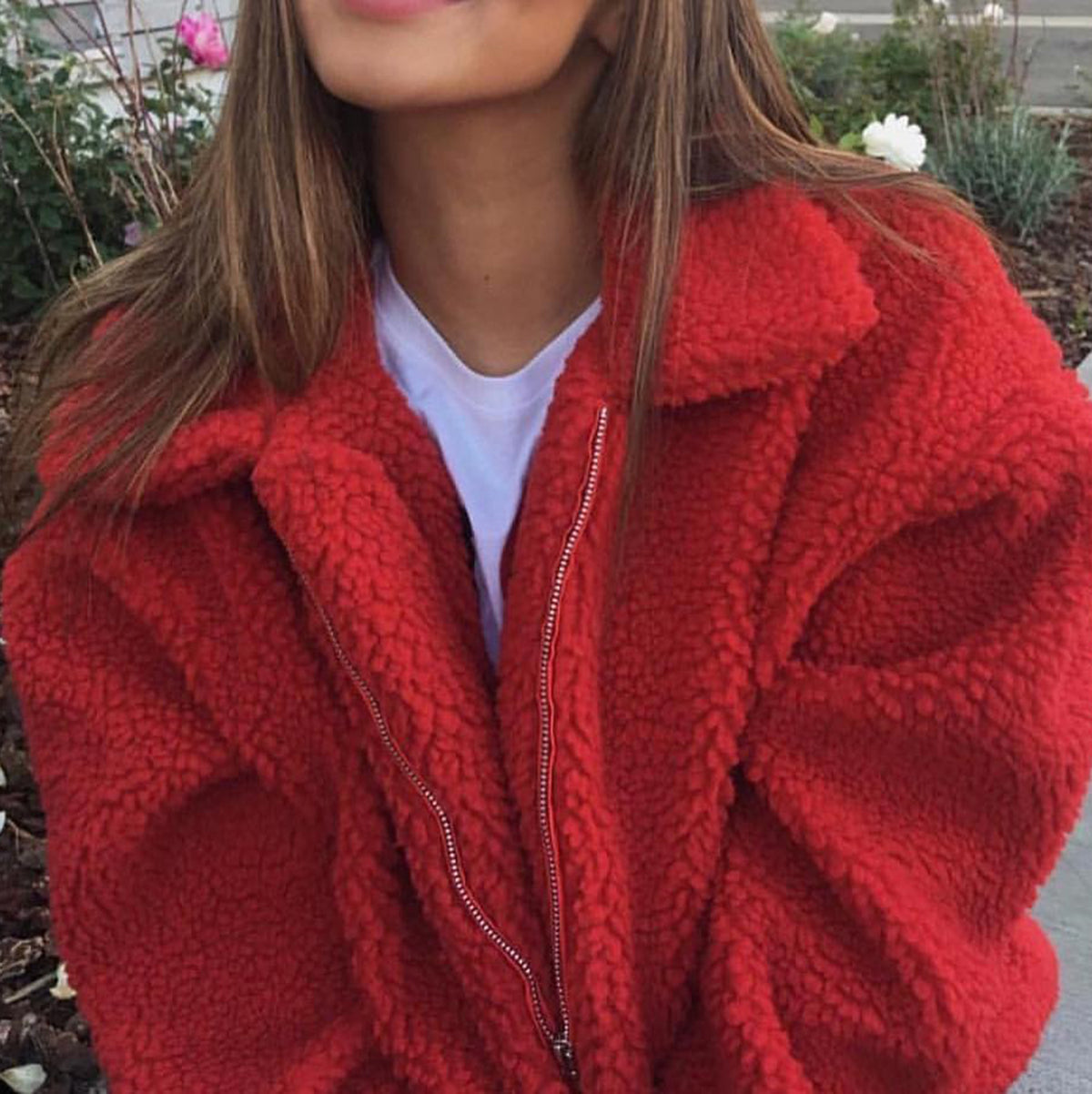 red fuzzy jacket