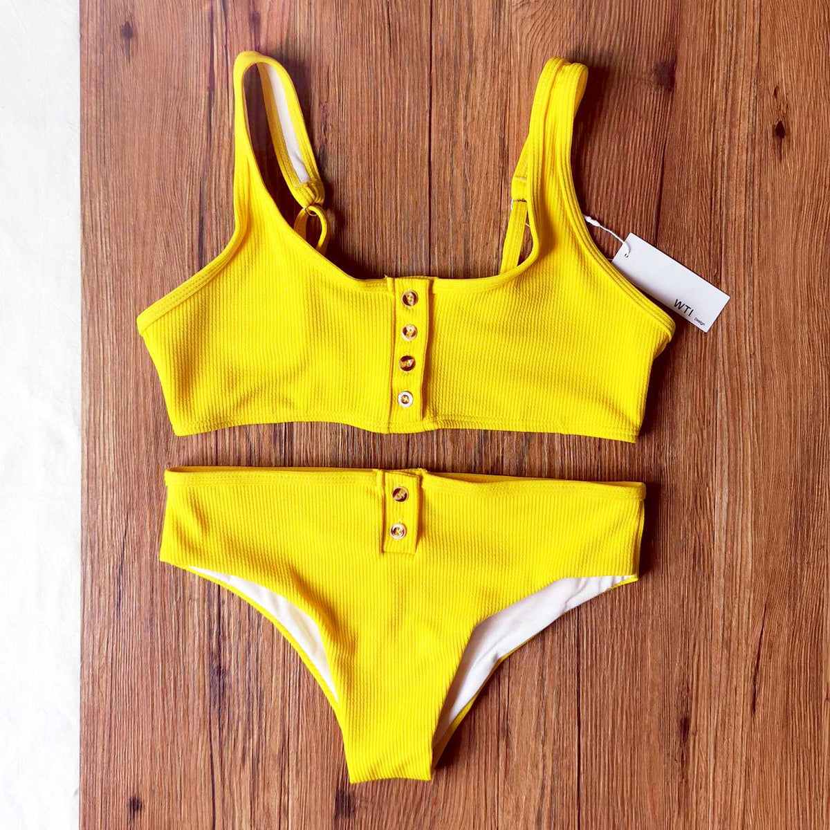 Cute Sporty Swimwear - Sporty Bikini Button Swimsuit Push Up, Ribbed ...