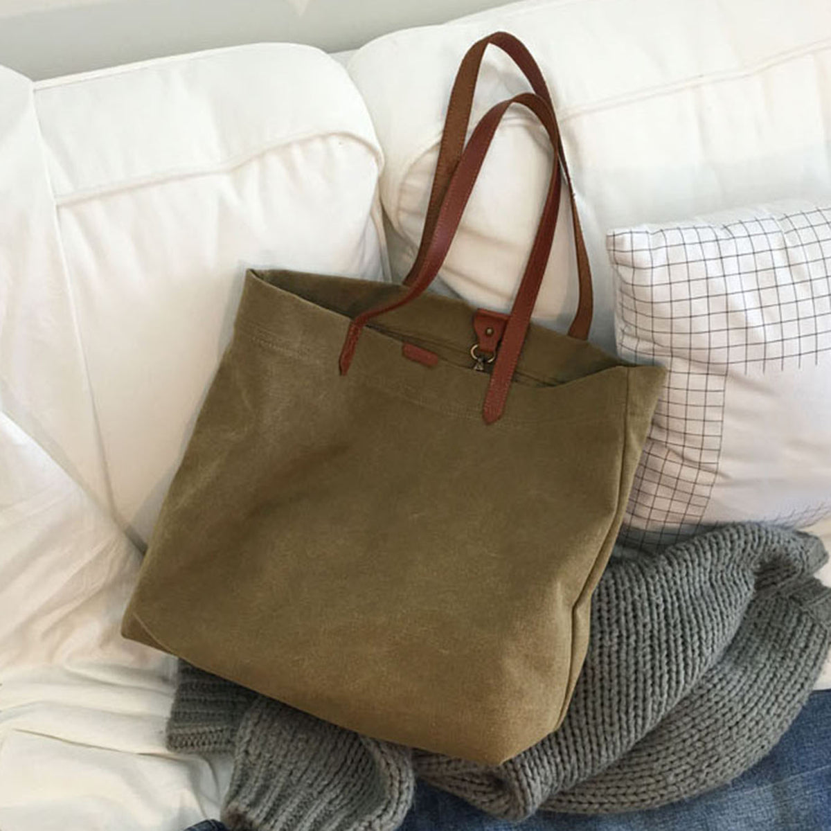 canvas tote with leather handles