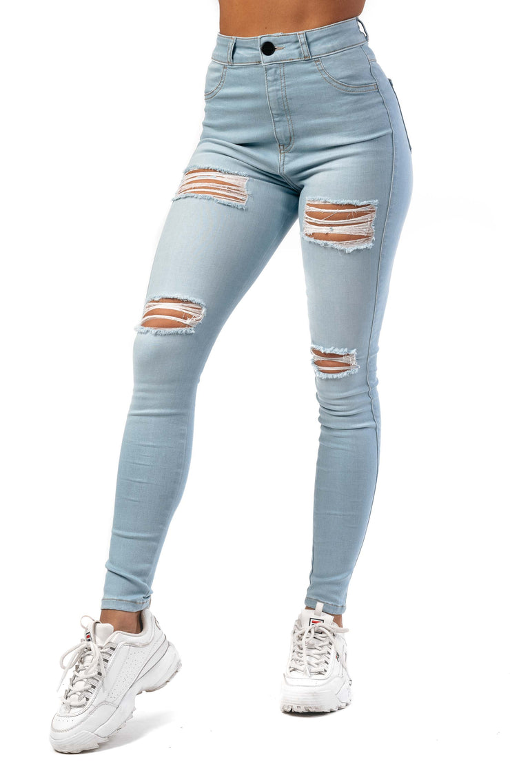 Womens Regular 4 Hole Ripped High Waisted Fitjeans - Vintage Blue