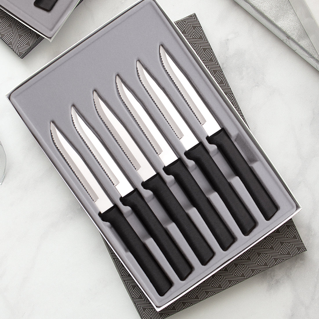 Kitchen Knives Gift Set - 4 Serrated Steak Knives 5' Set in Wooden Box