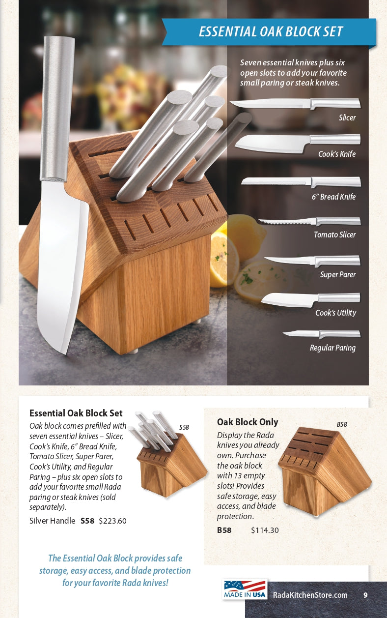 Essential Oak Block Knife Set with Steak Knives PLUS Free Sharpener