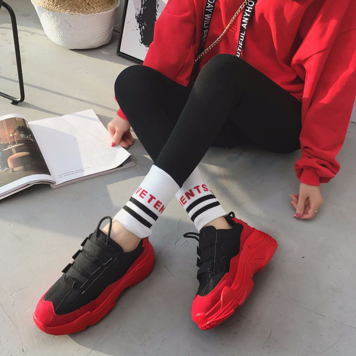 red chunky sneakers