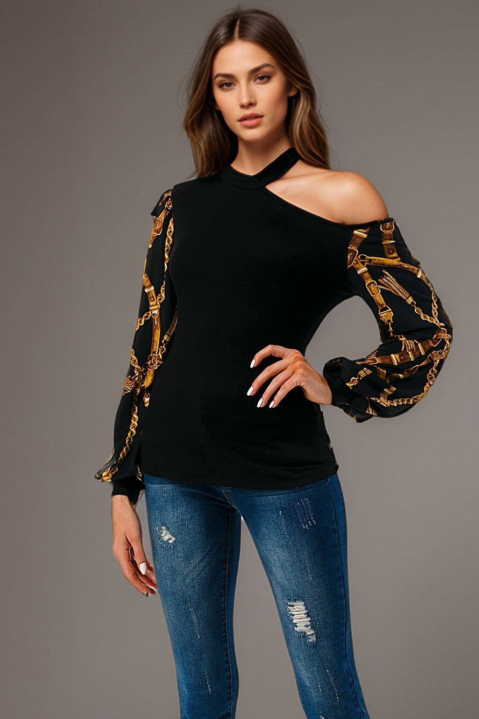 AVELINE ONE COLD SHOULDER TOP (BLACK / BLACK CHAIN)- VT2659