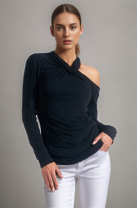 BETTY TWISTED KNOT ONE SHOULDER TOP (BLACK)-VT3367