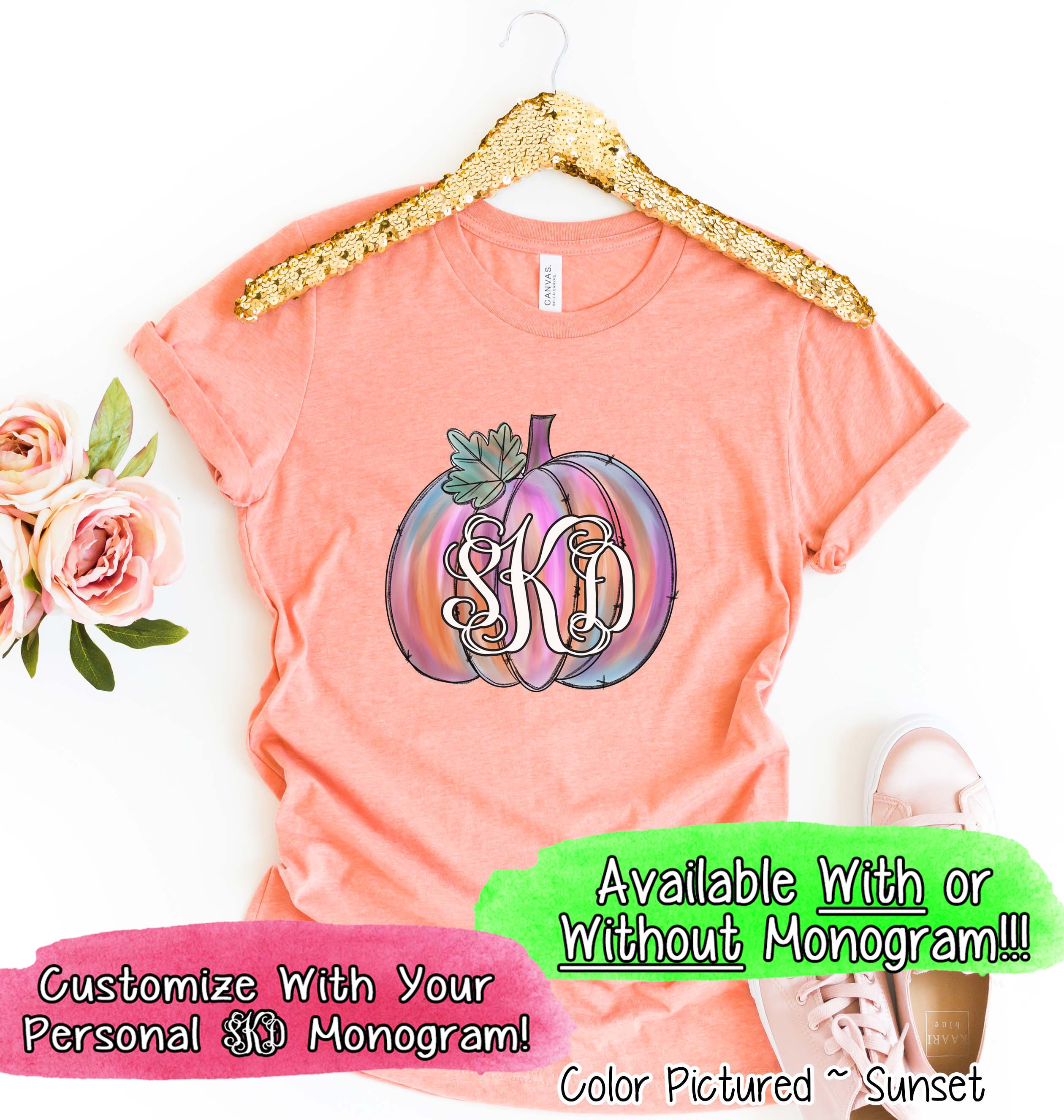 Pink Watercolor Monogram Pumpkin Tee | Custom Shirt – Too Cute