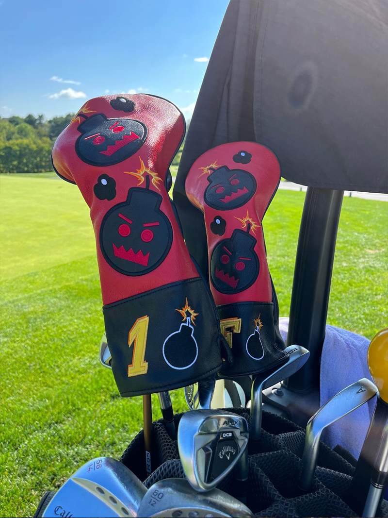 Craftsman Golf® Red Black Leather Angry Bombs Golf Head Covers