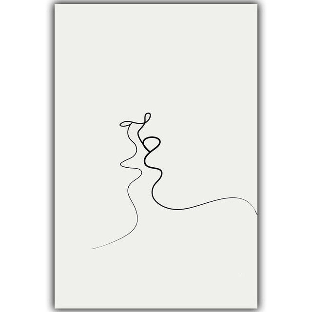 Simple Line Curve Black White Abstract Painting Kiss A4