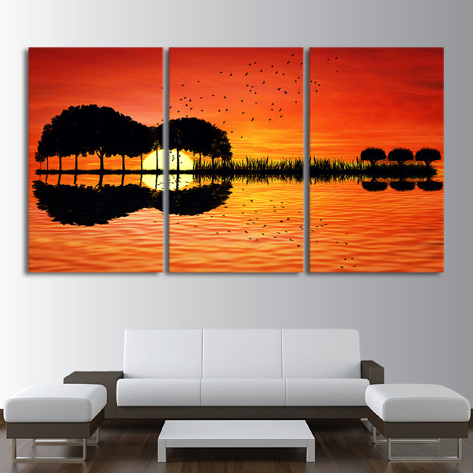 3 Piece Canvas Wall Art Hd Printed Guitar Tree Lake Sunset Painting Room Decor Print Poster Picture