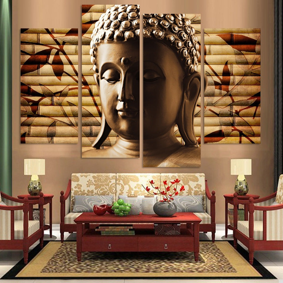 4 Panel Canvas Painting Buddha Statue Abstract Wall Art Painting